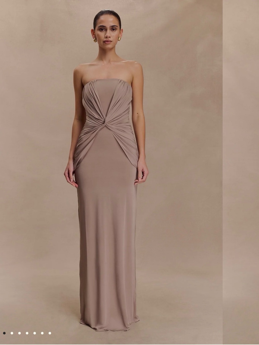 MESHKI Mirren Strapless Taupe Twist-Front Evening Gown